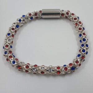 Patriotic, Red, White and Blue Silver Tone Bracelet With Magnetic Closure.